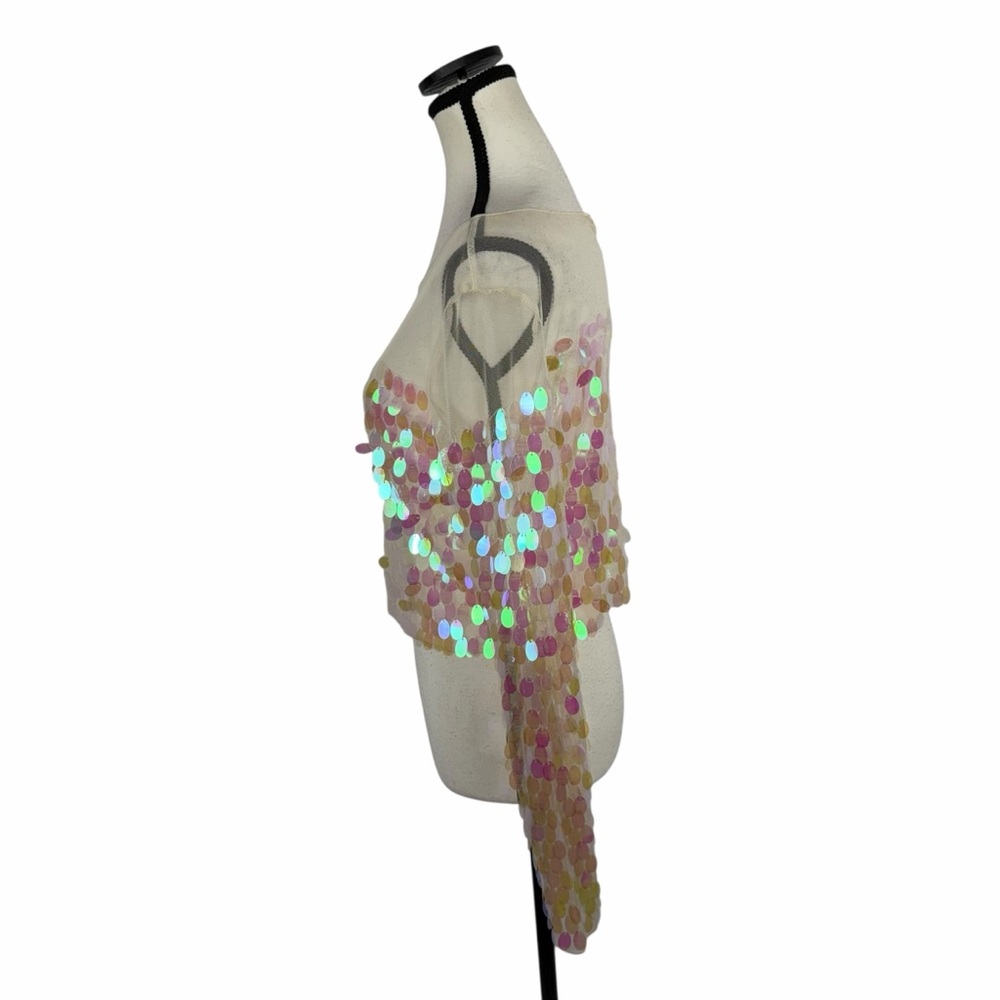 Mustard Seed Sequin Mesh Sheer Top Small Iridescent Y2K Festival Rave Party Glam - Picture 5 of 11